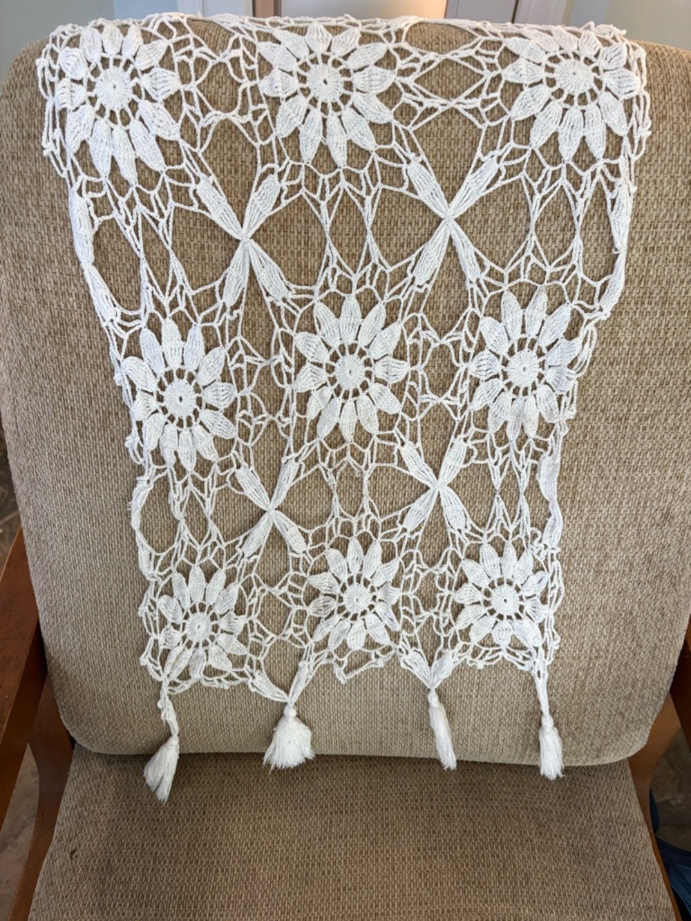 White Crochet Floral Table Runner with Tassels